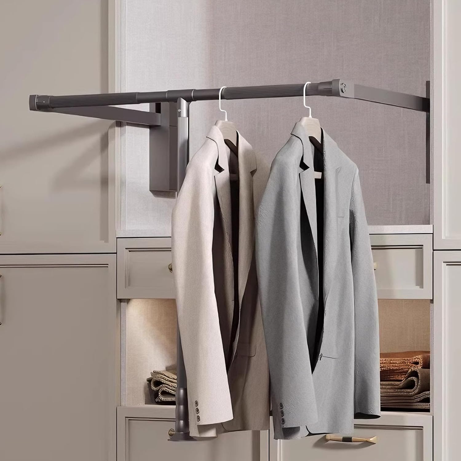 Pull Down Closet Rod,44 Lbs Load Capacity,Adjustable Width Wardrobe Lift Rail Organizer,Side Mounted Hanger,Storage Organizer Soft Close Garment Hanging Rack(Size:66-89cm (25.98-35.04 inches))