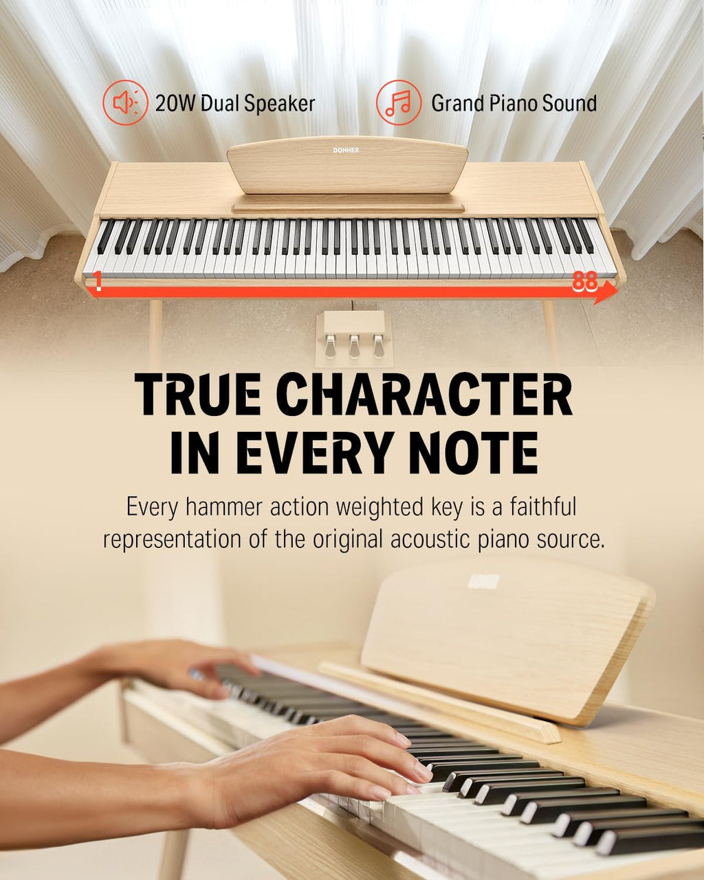 Donner DDP-80 Digital Piano 88 Key Weighted Keyboard, Full-size Electric Piano for Beginners, with Sheet Music Stand, Triple Pedal, Power Adapter, Supports USB-MIDI Connecting, Natural Wood Color
