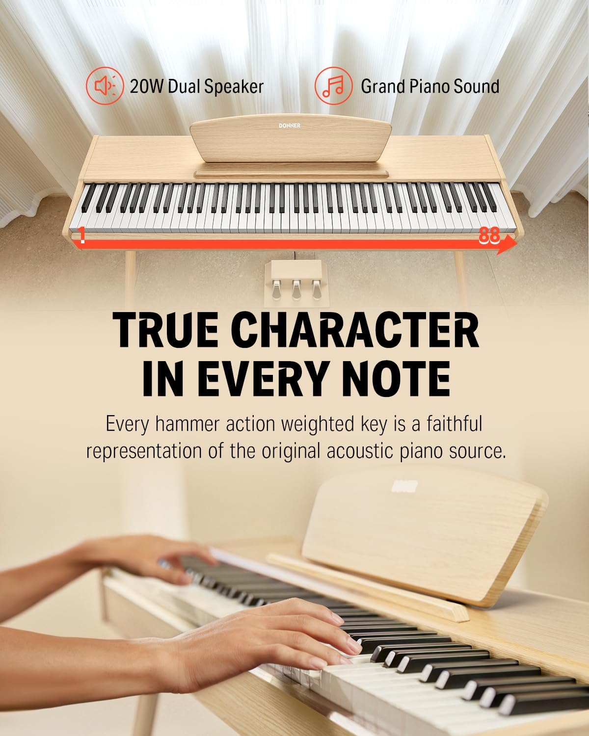 Donner DDP-80 Digital Piano 88 Key Weighted Keyboard, Full-size Electric Piano for Beginners, with Sheet Music Stand, Triple Pedal, Power Adapter, Supports USB-MIDI Connecting, Natural Wood Color