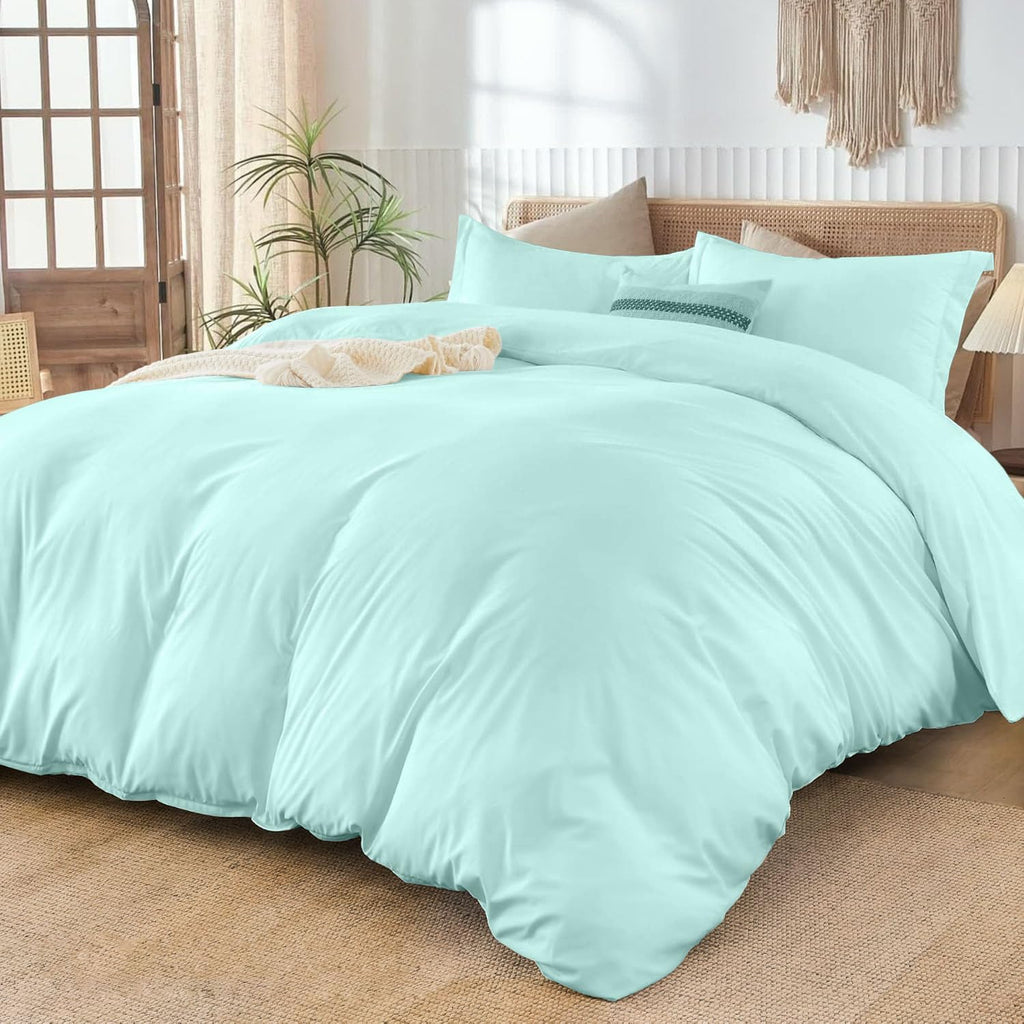 800TC 3 Sided Zipper Duvet Cover Set Soft Egyptian Cotton 3 Sided Zipper Closure, 3 PCS 1-Duvet Cover & 2- Pillow Shams - Oversize Queen Size (98' x 98') Inches, (Solid Aqua Blue)