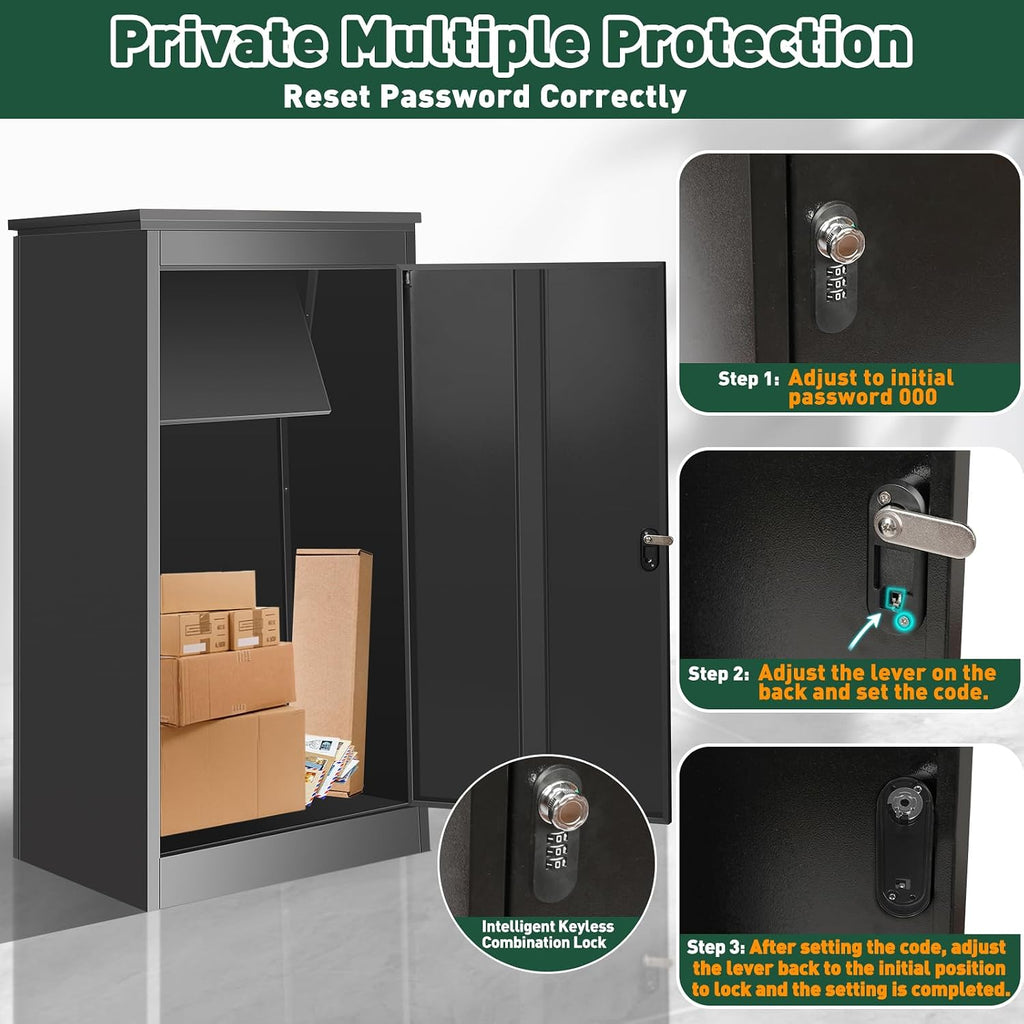 43.5' Package Delivery Box for Outside - Lockable Black Metal Parcel Drop Box, Anti-Theft, IPX4 Waterproof, Weather-Resistant Mailbox for Porch, Fence, Curbside (XL)
