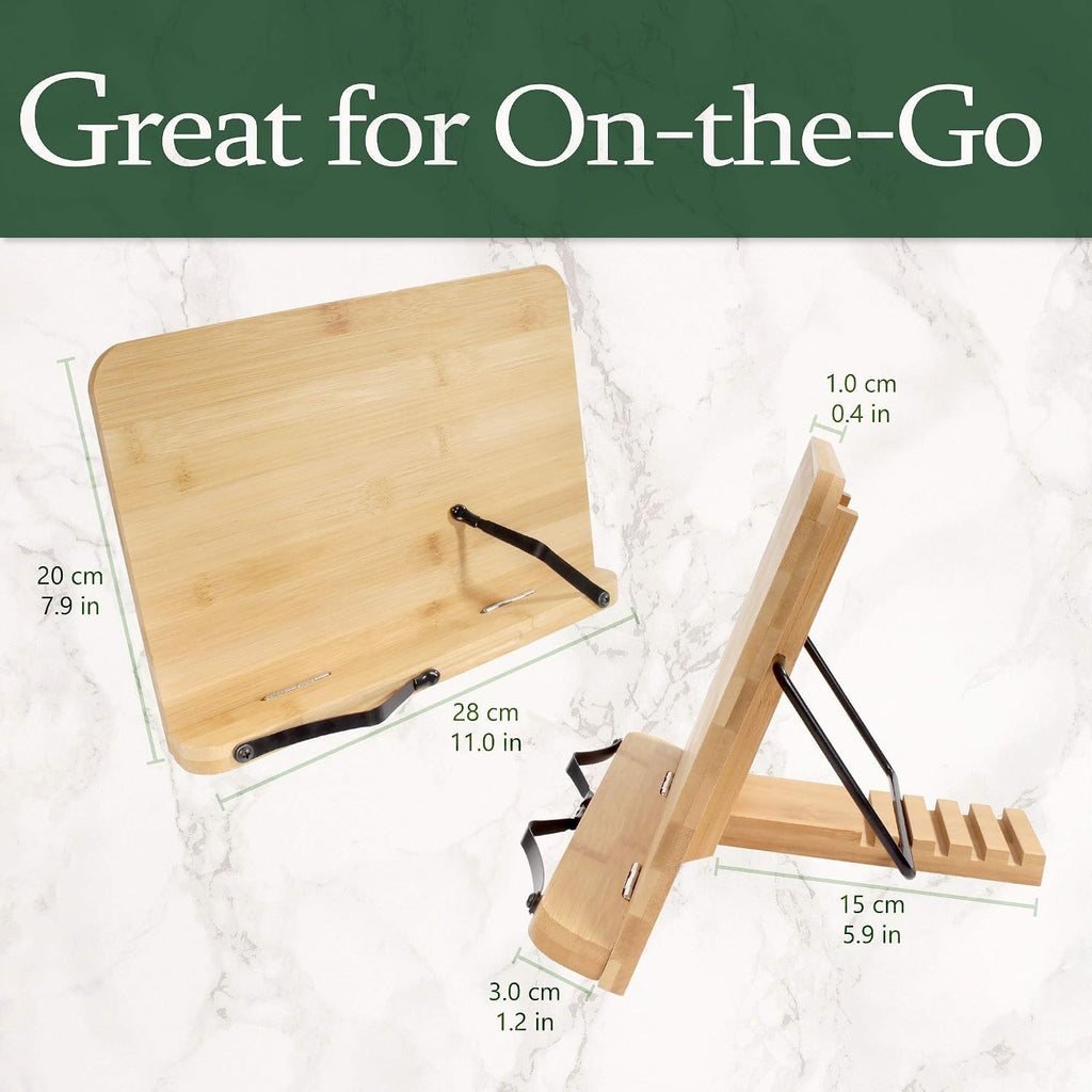 BambooMN Universal Bamboo Book Stand, for Cookbooks, Reading, Cell Phone, Art, Sheet Music, Tablet - Portable and Foldable with 5 Position Adjustable Tilt - 10 Units