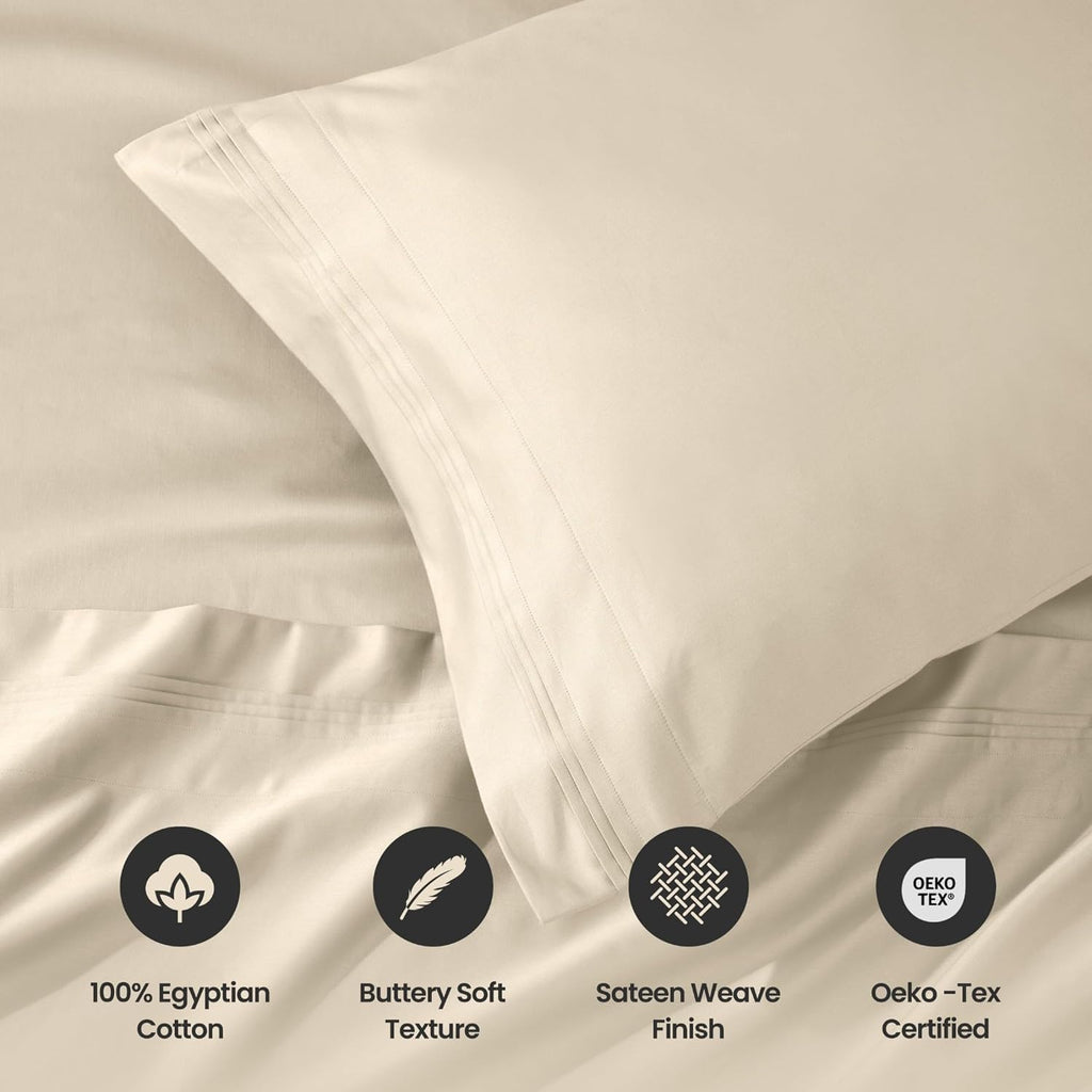 Superior Egyptian Cotton 4 Piece Sheet Set, Luxury 1000 Thread Count, Modern Design, Sustainable Sheets, Soft Basics, Solid, Deep Pocket Fitted Sheet, Flat Sheet, Pillowcases, California King, Ivory