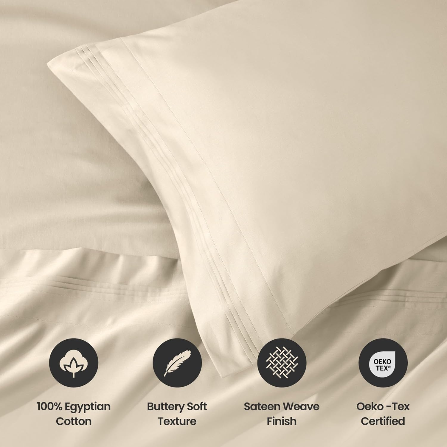 Superior Egyptian Cotton 4 Piece Sheet Set, Luxury 1000 Thread Count, Modern Design, Sustainable Sheets, Soft Basics, Solid, Deep Pocket Fitted Sheet, Flat Sheet, Pillowcases, California King, Ivory