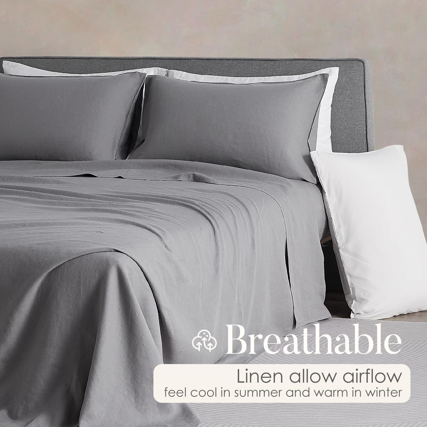 DAPU Pure Linen Sheets Set, 100% French Linen from Normandy, Breathable and Durable for Hot Sleepers, 4 Pcs Set - 1 Flat Sheet, 1 Fitted Sheet, 2 Pillowcases (Earl Gray, Queen)