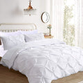 Pinch Pleated 3pc Duvet Cover Set 100% Egyptian Cotton 1000 Thread Count Zipper & Corner Ties Rectangle Pattern Decorative Pintuck Pillow Shams, Eastern 116x108, Pure White Solid