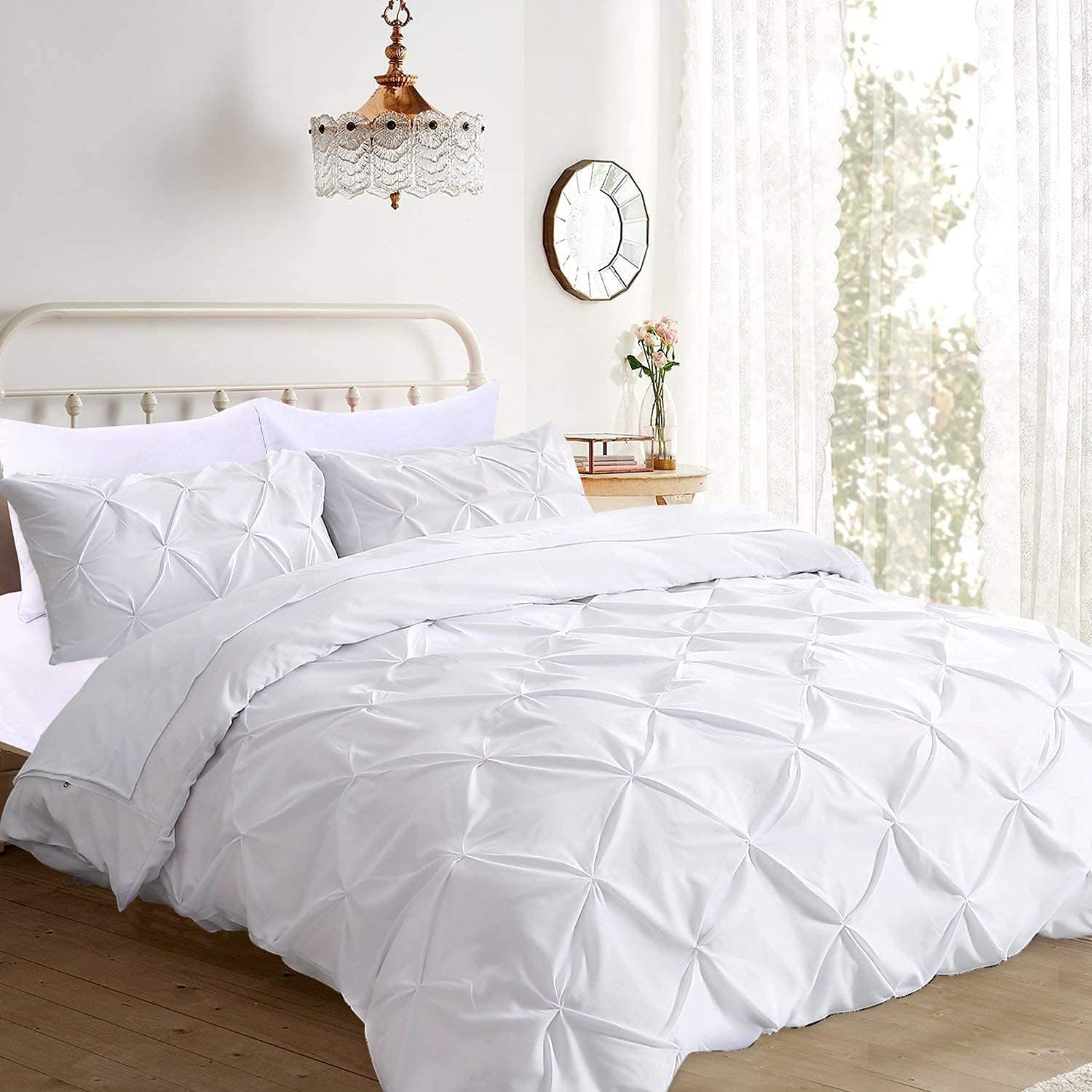 Pinch Pleated 3pc Duvet Cover Set 100% Egyptian Cotton 1000 Thread Count Zipper & Corner Ties Rectangle Pattern Decorative Pintuck Pillow Shams, Eastern 116x108, Pure White Solid