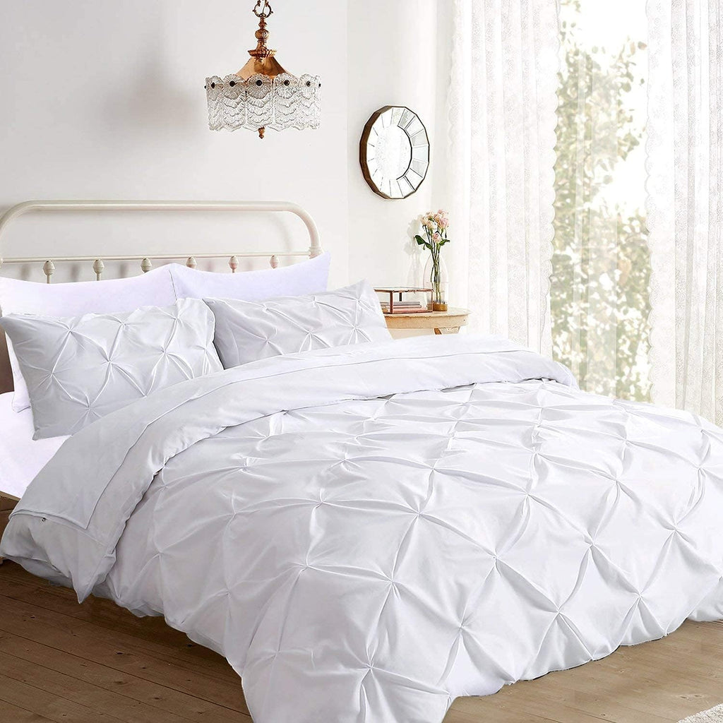 Pinch Pleated 3pc Duvet Cover Set 100% Egyptian Cotton 1000-TC Zipper & Corner Ties Rectangle Pattern Decorative Pintuck (Super King Plus 120x120, Pure White Solid)