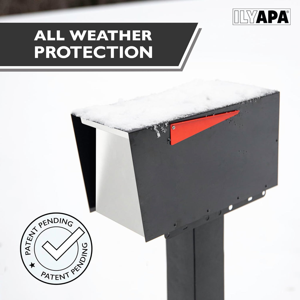 Ilyapa Modern Black Post Mount Mailbox with Waterproof Magnetic Door & Matching 43' Metal Post Sleeve - Perfect for Parcels, Weather-Resistant Steel Letter Box for Curbside/Front Yard