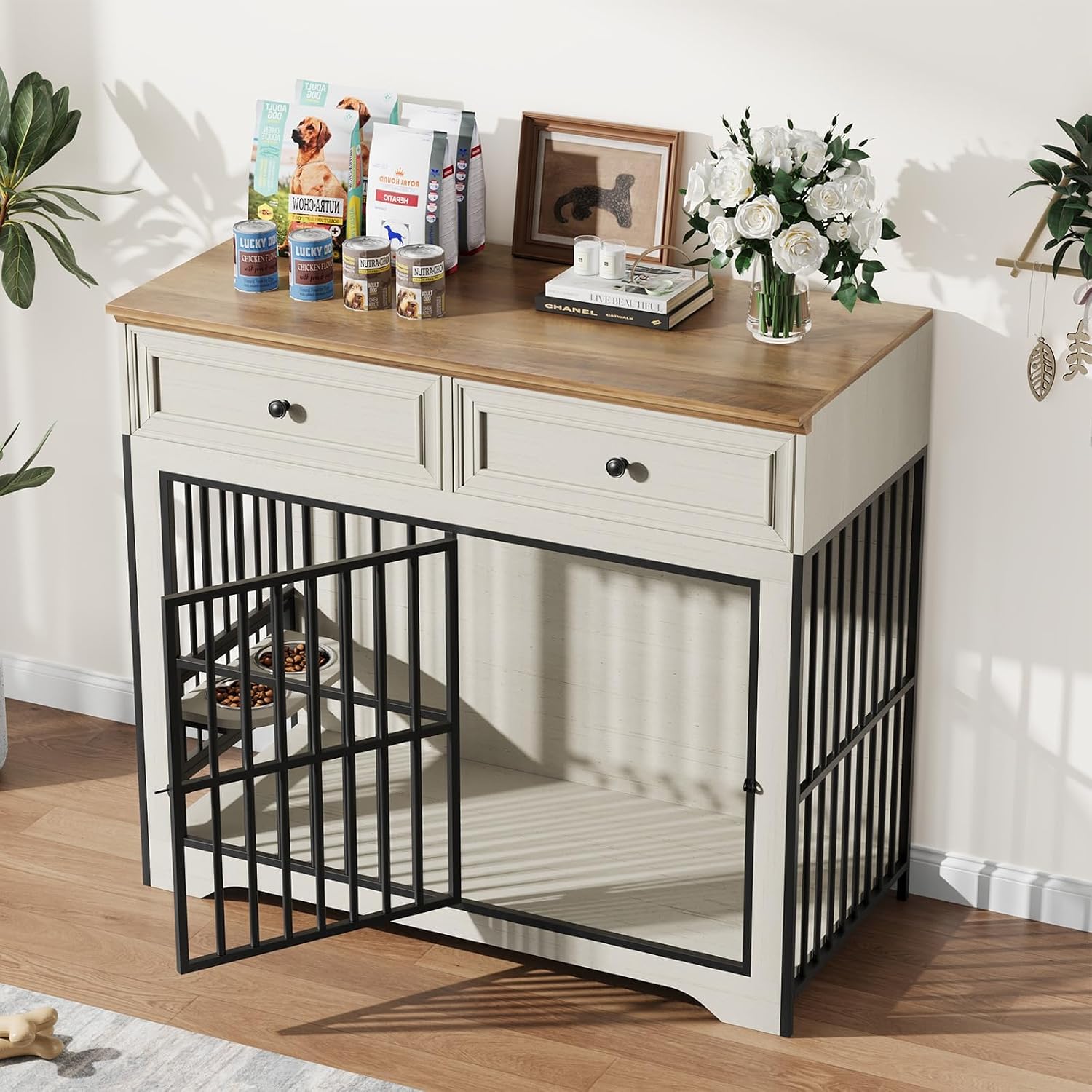 QUW 42' Modern Dog Crate Furniture, Wooden Dog Kennel for Medium to Large with 360° Rotating & 3-Levels Adjustable Height Dogs Bowl Holder, Decorative Dogs cage Pet House Indoor, Antique White