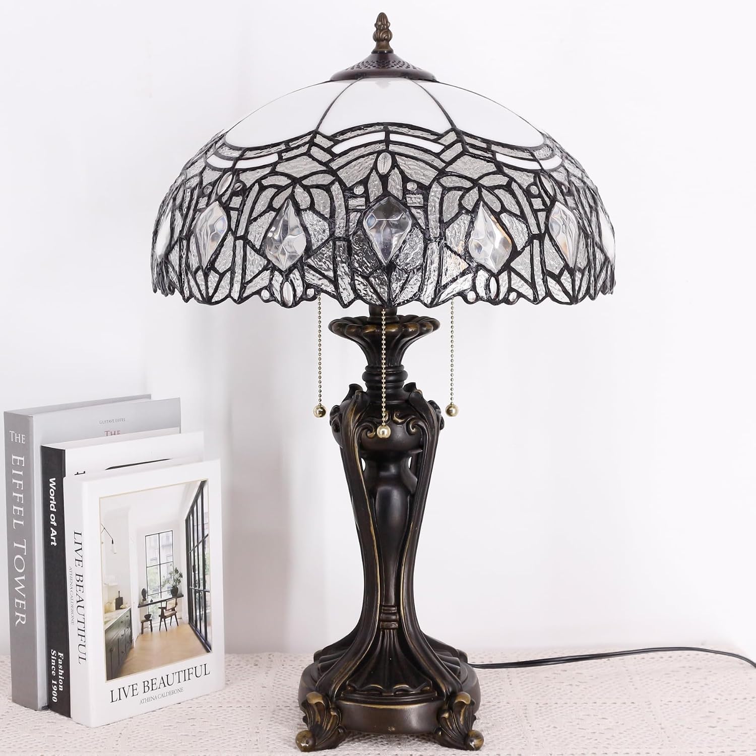 Large Tiffany Lampshade Replacement Only Colored Glass Lampshade 16 Inches Suitable for Desk Lamps, Floor Lamps, Pendant Lamps, Home and Office Decoration (White Baking Bend)