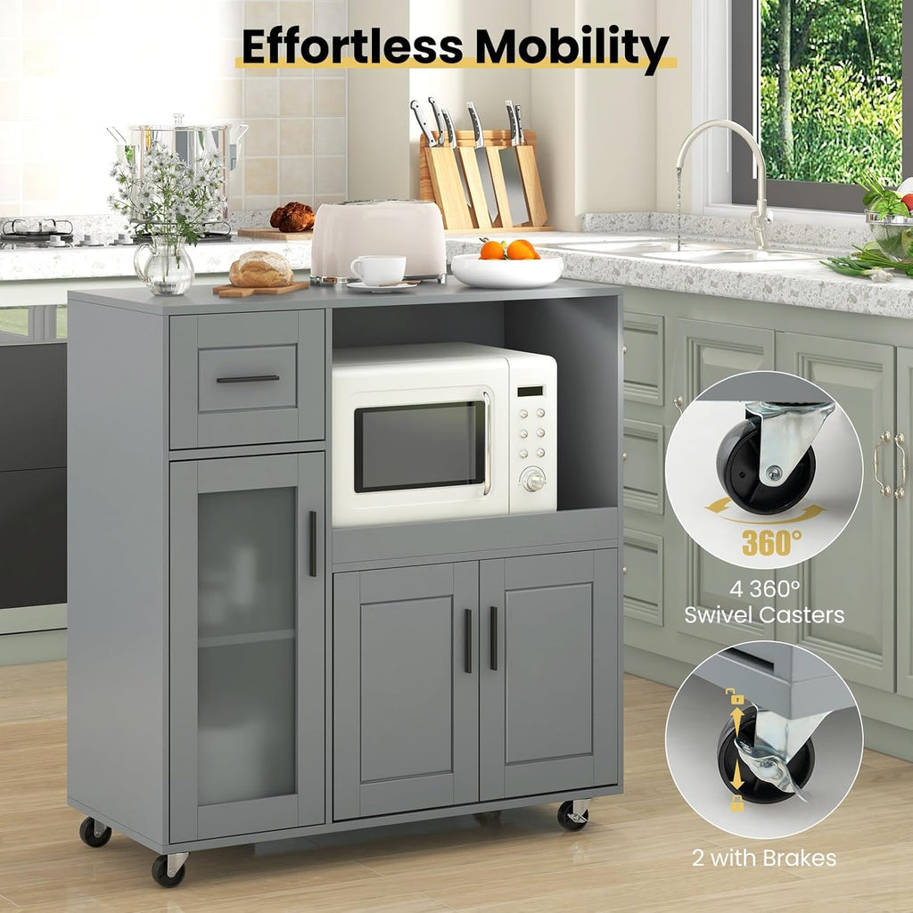 GOFLAME Rolling Kitchen Island Cart on Wheels, Mobile Kitchen Cart with Drawer, Open Shelf and Glass Door Cabinet, Microwave Stand Cart, Portable Kitchen Island for Kitchen, Dining Room, Grey