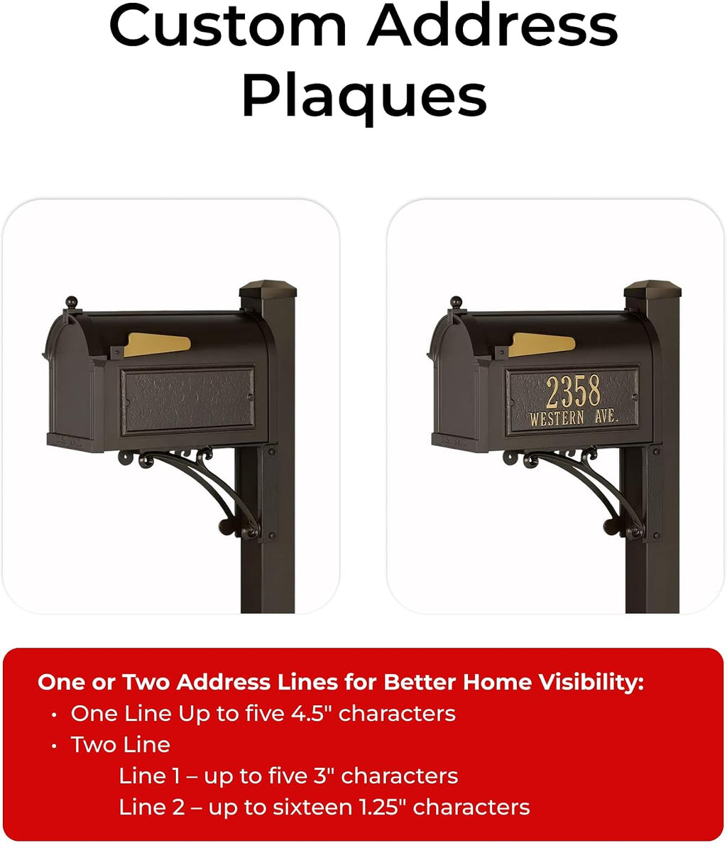 Superior Mailbox Package by Whitehall Bronze Large Cast Aluminum Mailbox with Decorative Post & Custom Address Side Plaques Weather Resistant Streetside Outdoor Mailbox System - Made in USA
