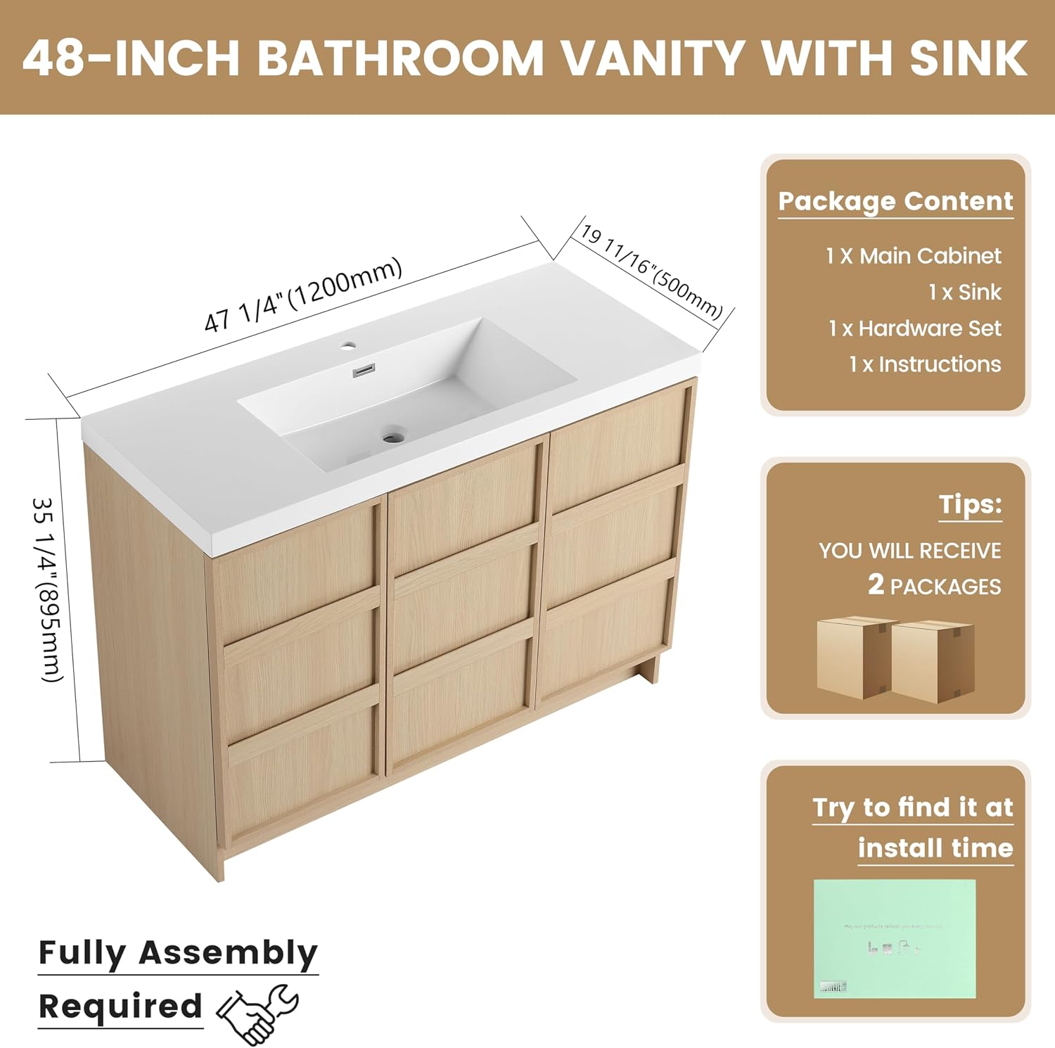48 Inch Bathroom Vanity with Sink, 48' Freestanding Storage Cabinet Combo, 3 Soft Close Doors and Resin Basin, Modern Brown Floor Standing Vanity Set, Plywood Construction