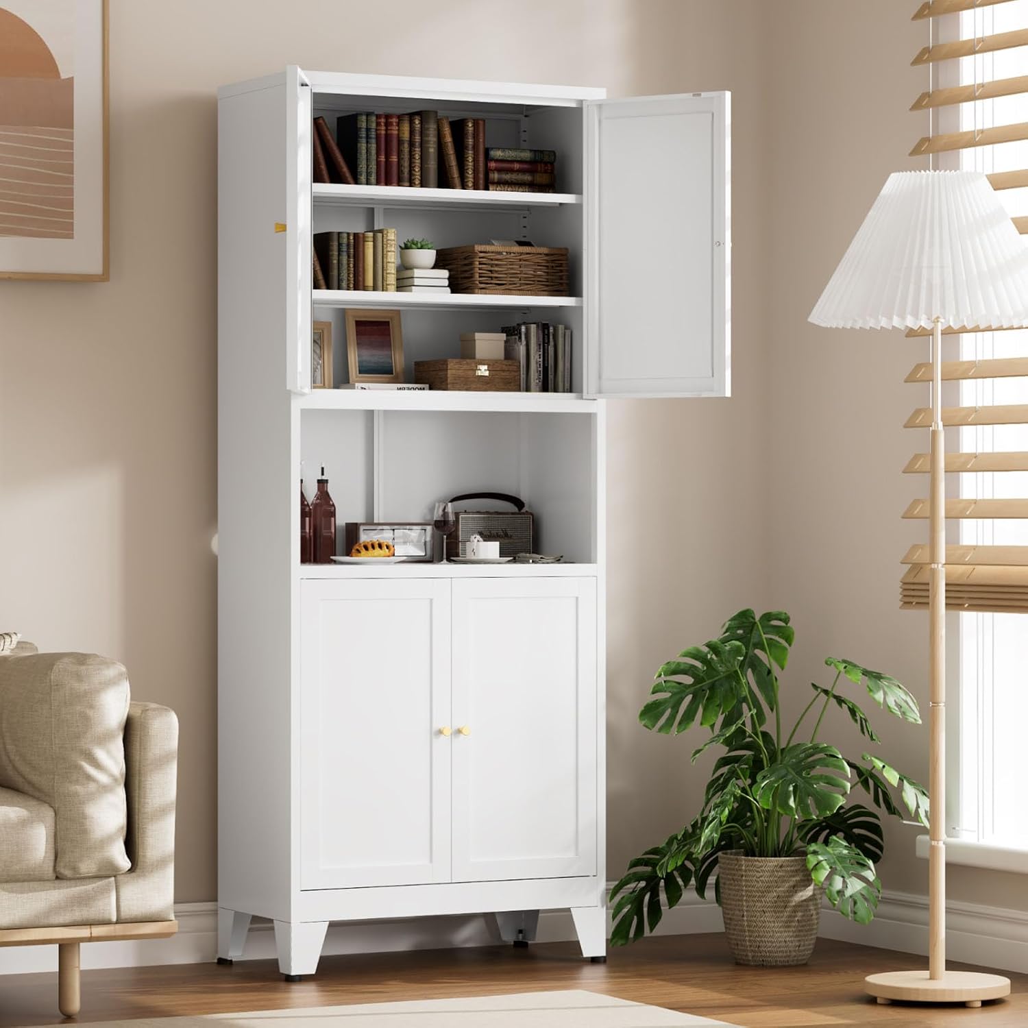 White Metal Kitchen Pantry Cabinet, 69' Tall Storage Cabinet with 4 Doors and 3 Adjustable Shelves, Freestanding Cupboards with Microwave Stand for Dining Room, Living Room, Bathroom