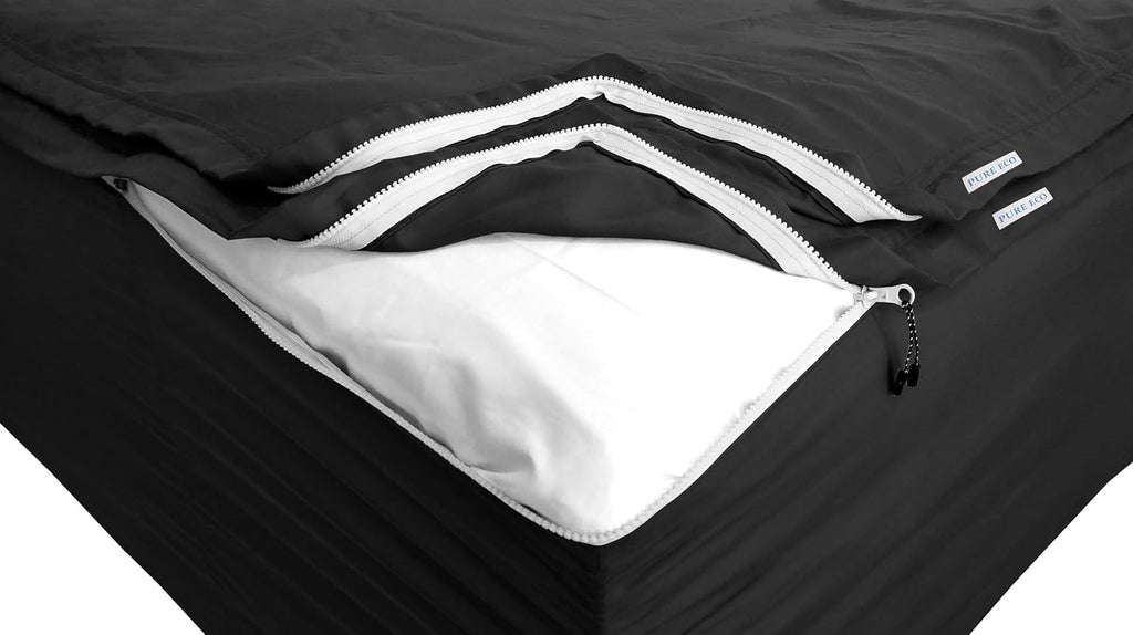 Zipper Fitted Sheet - Includes 1 Fitted Sheet Base & 2 Zip-On Sheets - Upto 16' in. Deep Pockets Queen Size Zipper Fitted Sheet - Easy to Change, Sateen Cotton 600 TC Fitted Sheet - Black