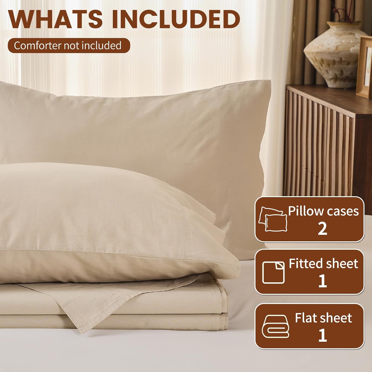 100% Linen Sheets King Size,Breathable & Durable 4-Piece Bed Flax Sheet Set,Soft All-Season Bedding for Hot Sleepers 16' Deep Pocket Oeko-TEX Certified,（King, Linen）
