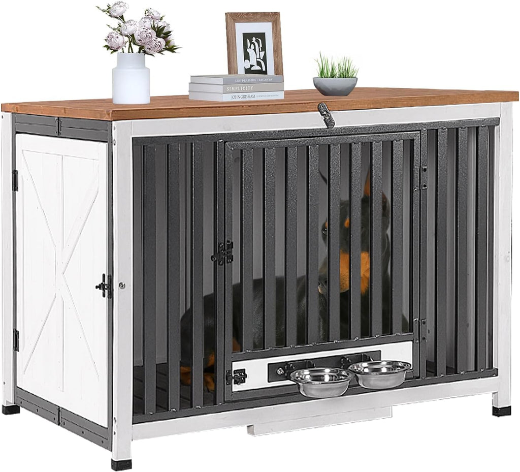 Aivituvin Dog Crate Furniture Foldable Side End Table Expandable Solid Wood Dog Kennel with 360° Rotatable Dog Bowls Indoor Cage, No Assembly Needed (Left Door Removable)