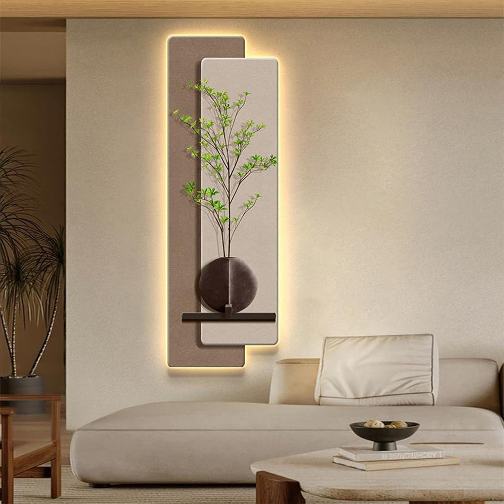 HARELA 3D Art Wall Decor with Led, Wall Sculpture Painting Decor with Fake Plant, Plug-in Power Supply 3D Wall Mural for Home, Restaurant, Hotel(Brown B,40x120cm/15.7x47.2in)