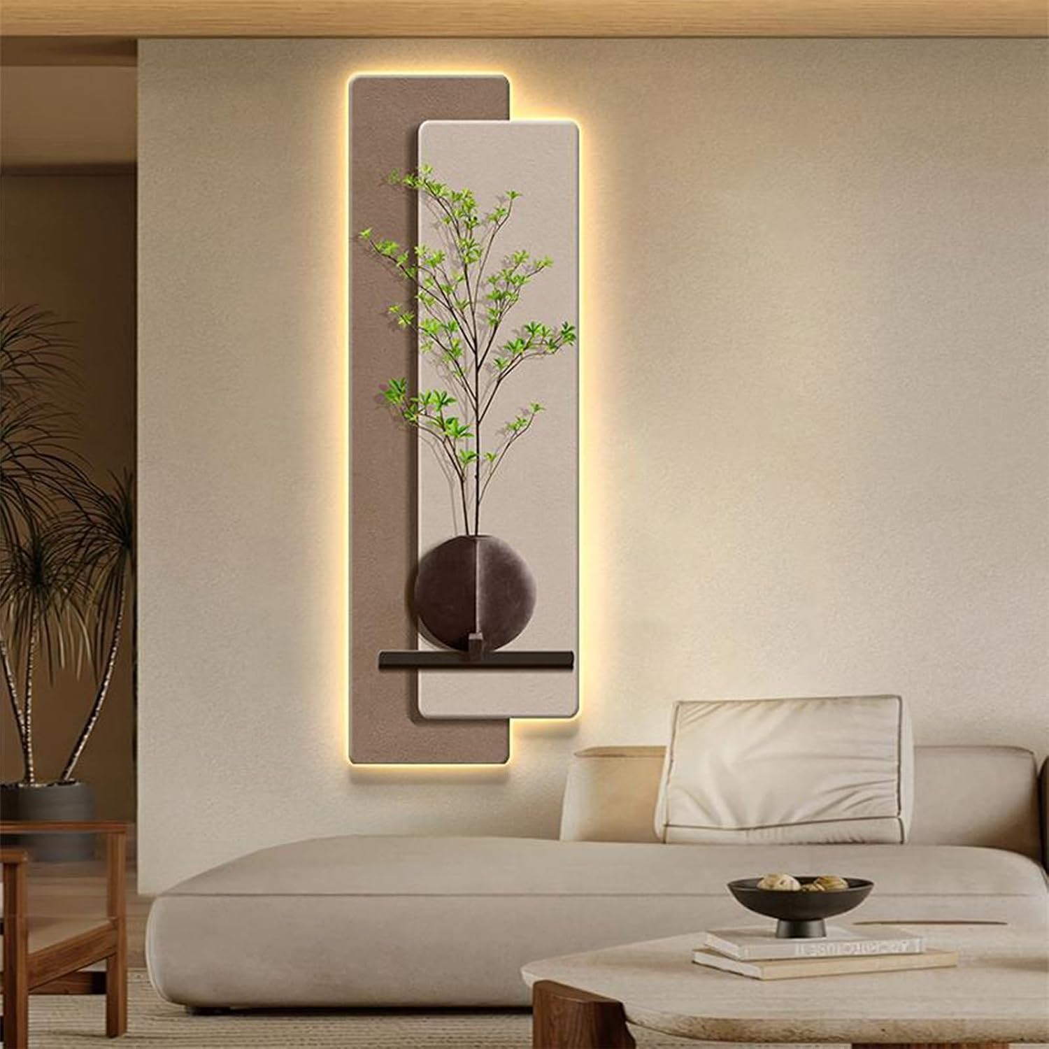 HARELA 3D Art Wall Decor with Led, Wall Sculpture Painting Decor with Fake Plant, Plug-in Power Supply 3D Wall Mural for Home, Restaurant, Hotel(Brown A,50x150cm/19.7x59in)