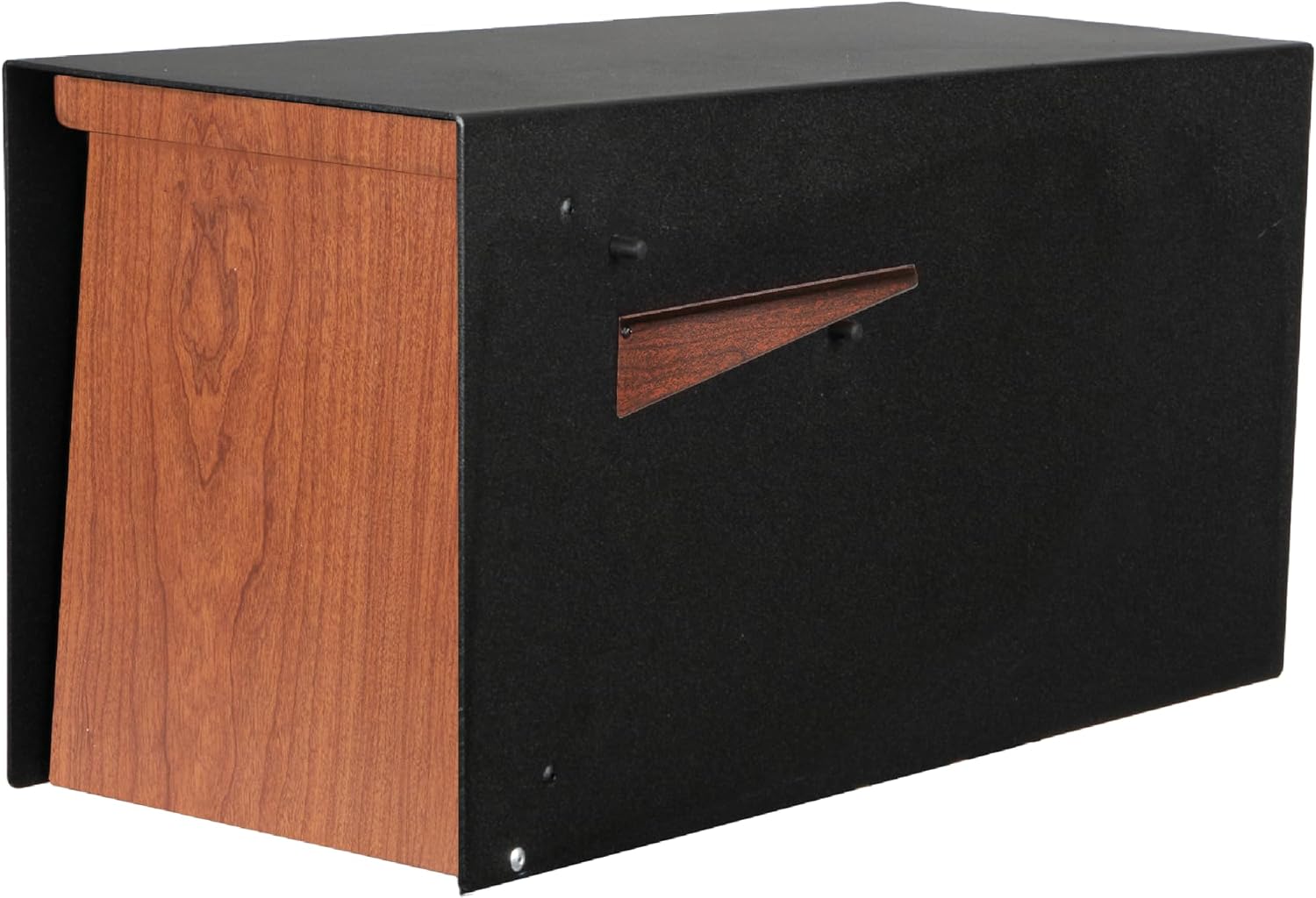 Ilyapa Modern Mailbox for Post Mount - Black Powder Coated Metal Mailbox with Cherry Wood Door - Waterproof for Parcels, Recessed Magnetic Close Door