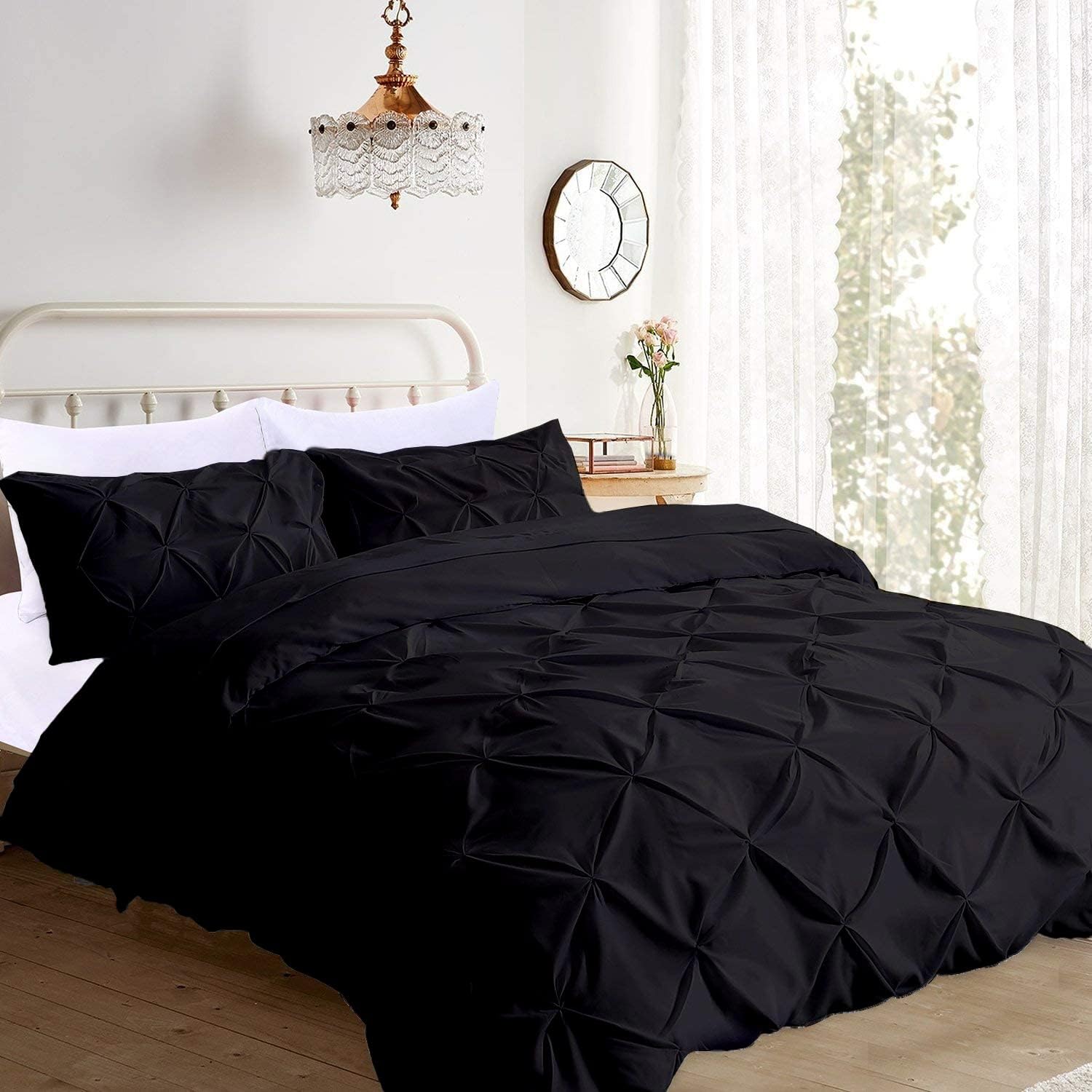 Pinch Pleated 3pc Duvet Cover Set 100% Egyptian Cotton 1000-TC Zipper & Corner Ties Rectangle Pattern Decorative Pintuck (All Queen 90x90 Size, Black)