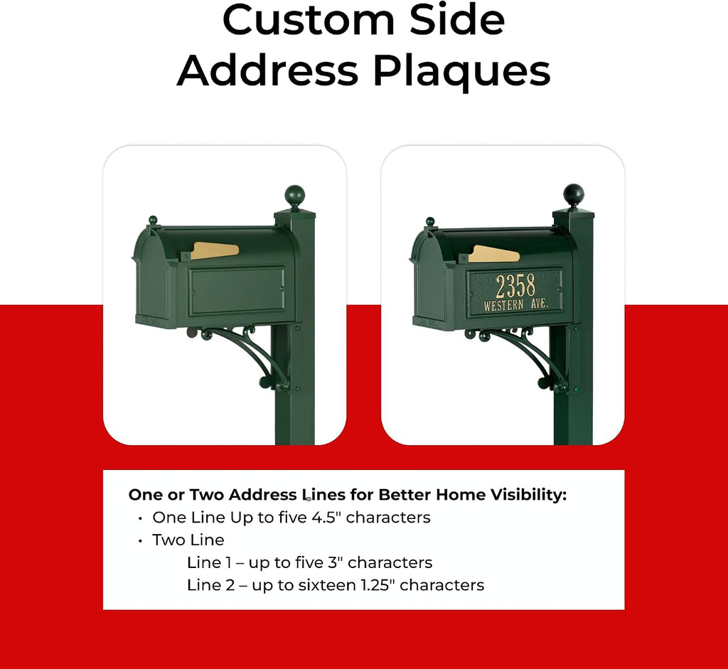 Heavy-Duty Deluxe Mailbox Package in Green Oversized Streetside Mailbox with Number and Street Name Personalized Address Plaques & Decorative Post with Ball Finial