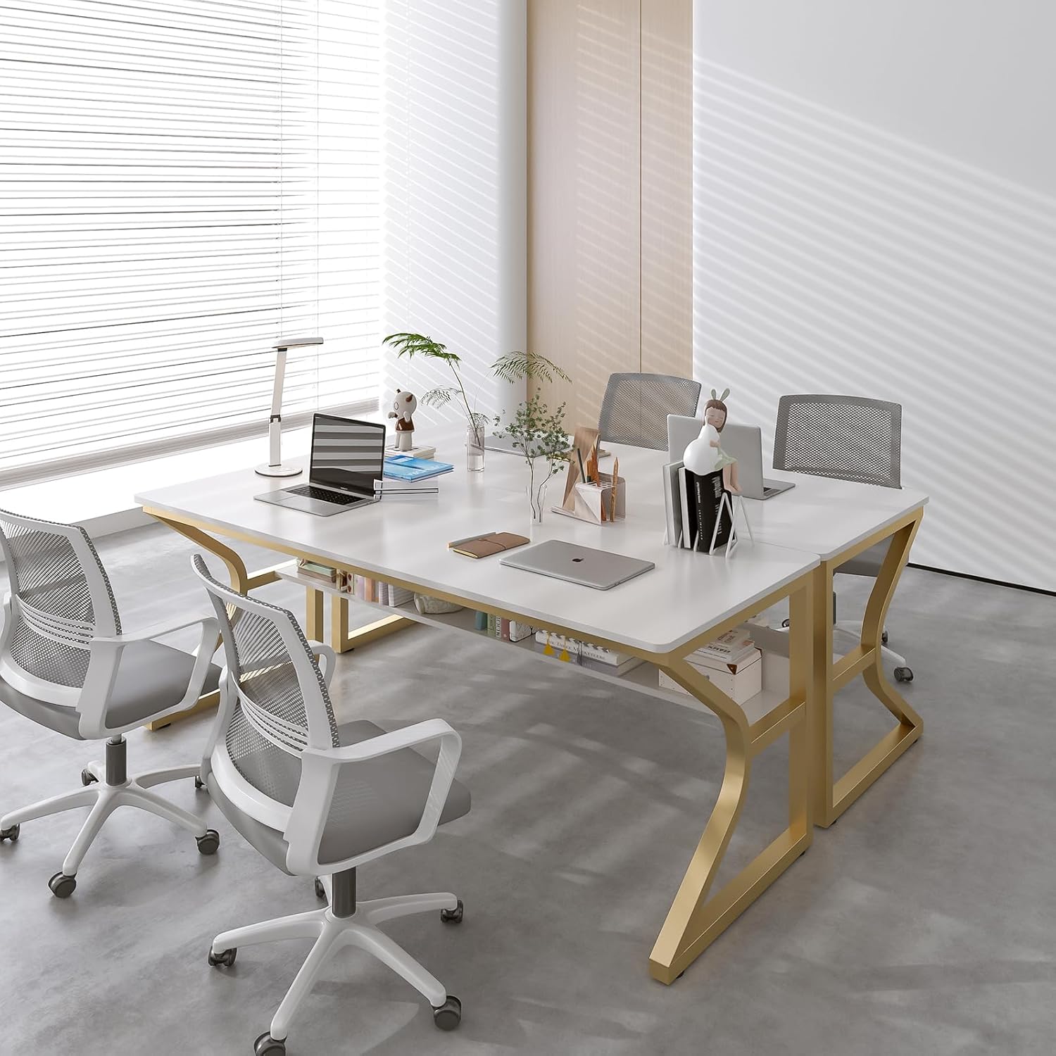 OSCHF Extra Long Desk with Bookshelf - 63' Double Long Writing Table for 2-Person Workstation, Modern Study Work Computer Desk for Home and Office, Gold