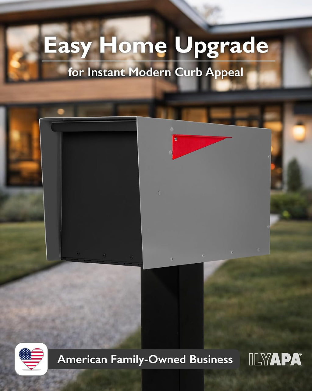 Ilyapa Modern Mailbox for Post Mount - Gray with Black Door Powder Coated Steel, Waterproof Letter Box for Parcels, with Recessed Magnetic Close Door