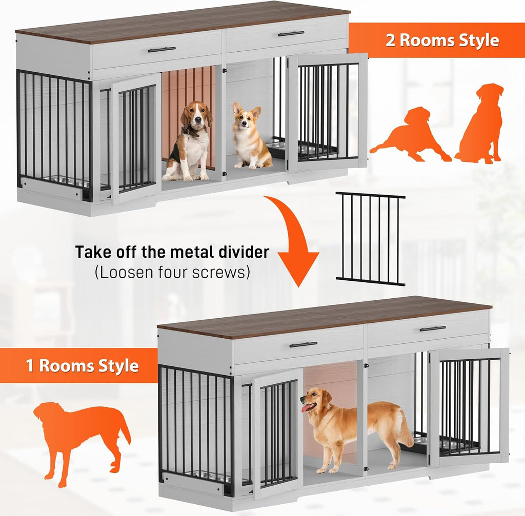 Rophefx 72' Dog Crate Furniture for 2 Dogs, Large Dog Kennel Furniture with 2 Storage Drawer and Removable Divider, Wooden Dog Cage with 4 Bowls, Indoor Dog House TV Stand for Medium Dog, White