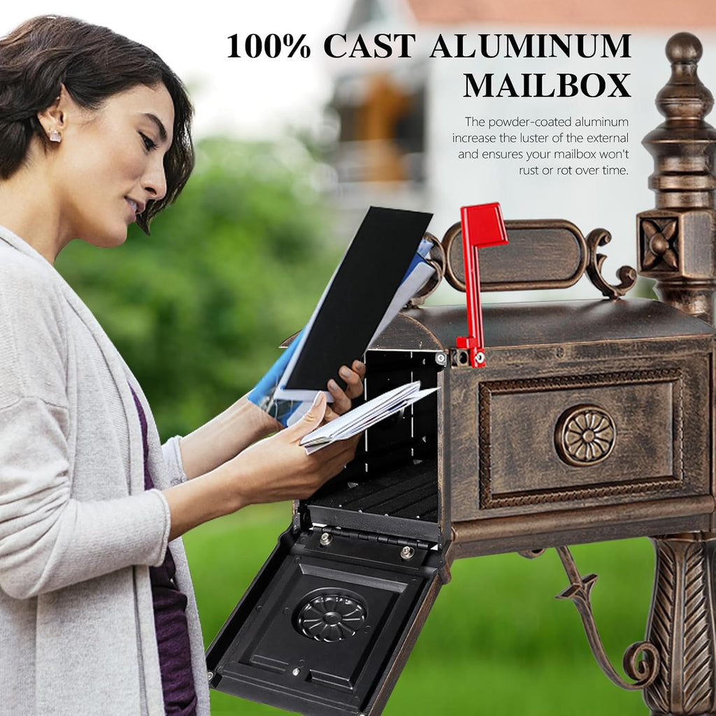 Heavy Duty Mailbox Classic Decorative Cast Aluminum Mail Box Postal Vertical Pedestal (Bronze)