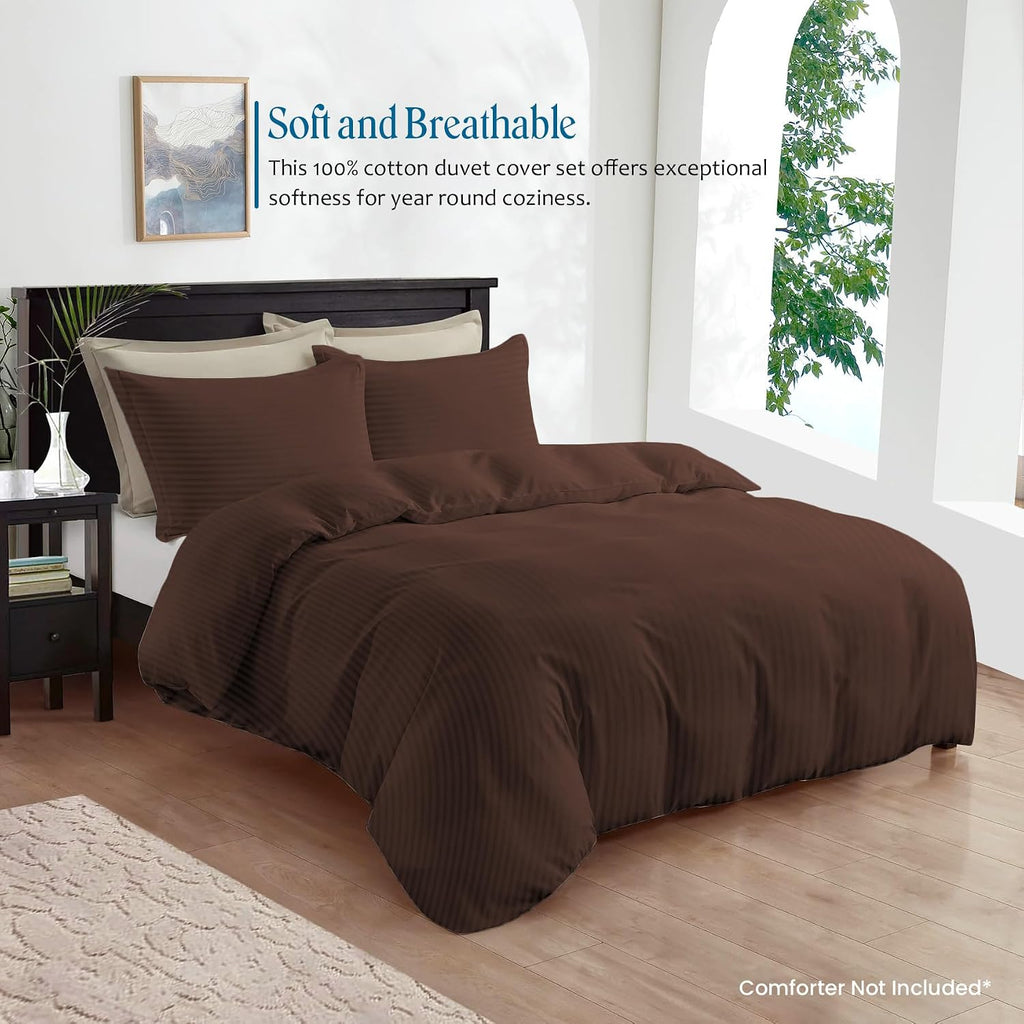 800TC 3 Sided Zipper Duvet Cover Set Soft Egyptian Cotton 3 Sided Zipper Closure, 3 PCS 1-Duvet Cover & 2- Pillow Shams - Oversize Queen Size (98' x 98') Inches, (Chocolate Stripe)
