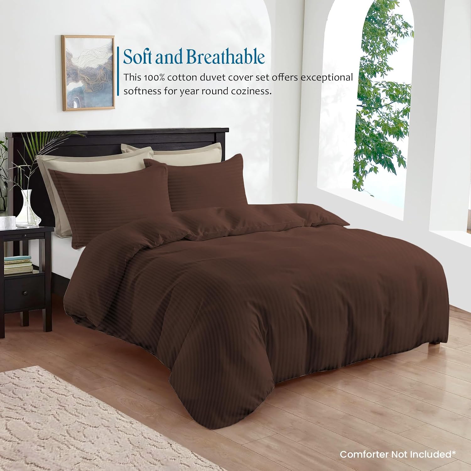 800TC 3 Sided Zipper Duvet Cover Set Soft Egyptian Cotton 3 Sided Zipper Closure, 3 PCS 1-Duvet Cover & 2- Pillow Shams - Oversize Queen Size (98' x 98') Inches, (Chocolate Stripe)