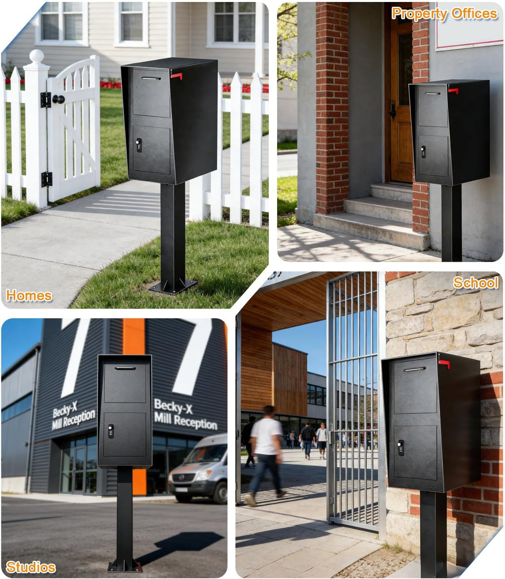 All-in-One Secure Curbside Locking Mailbox for Packages & Mail, Galvanized Steel with Combination Lock & Key, Anti-Theft Rainproof Design, Spacious Interior (Black)