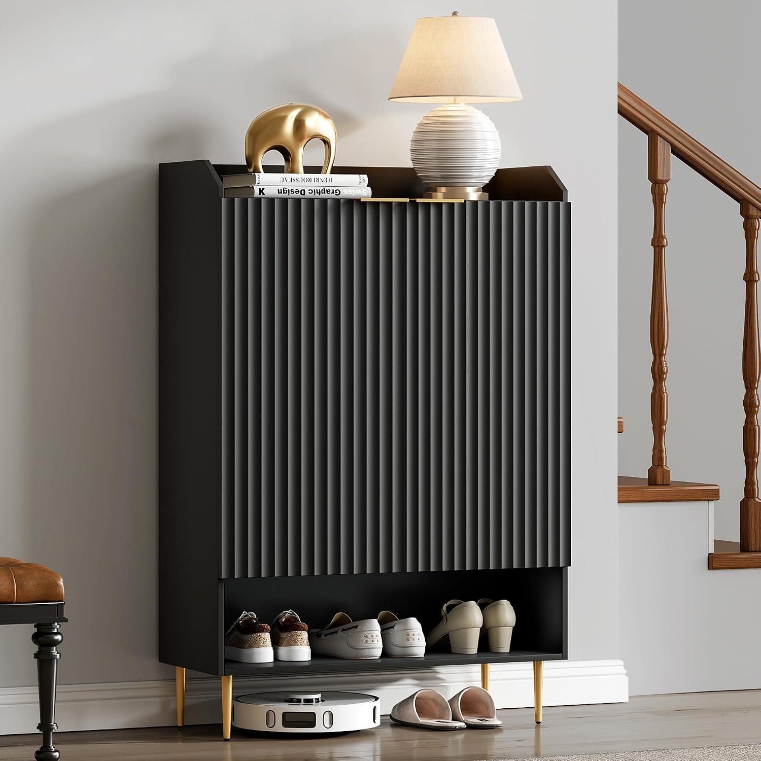 SICOTAS Shoe Cabinet with Fluted Doors - 28-Pair Large Shoe Storage Cabinet, 50.7' Tall 7-Tier Entryway Shoe Cabinet Storage with Adjustable Shelves for Entryway Hallway Living Room Front Door, Black