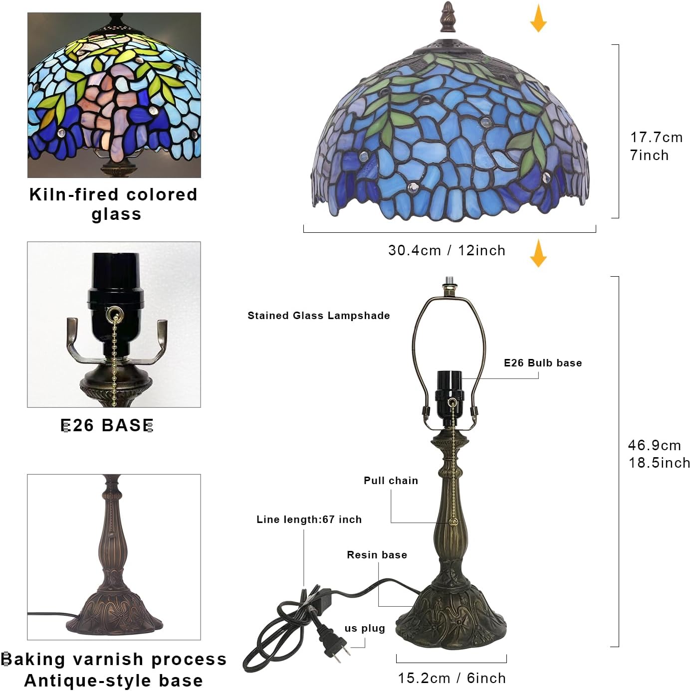 Tiffany Style Table Lamp,Wisteria Flowers Table Lamp,12X12X19 Inch Tiffany Reading Light, Antique Glass Desk Decor Lamp.