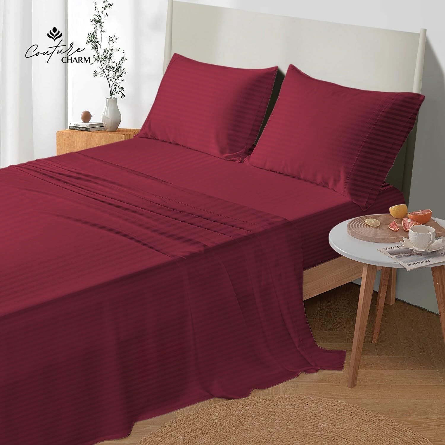 Queen Size 1000 Thread Count 100% Egyptian Cotton Sheet Set, 4-Piece, Sateen Weave, with 10-12' Deep Pocket Snug Fit (Stripe, Burgundy)