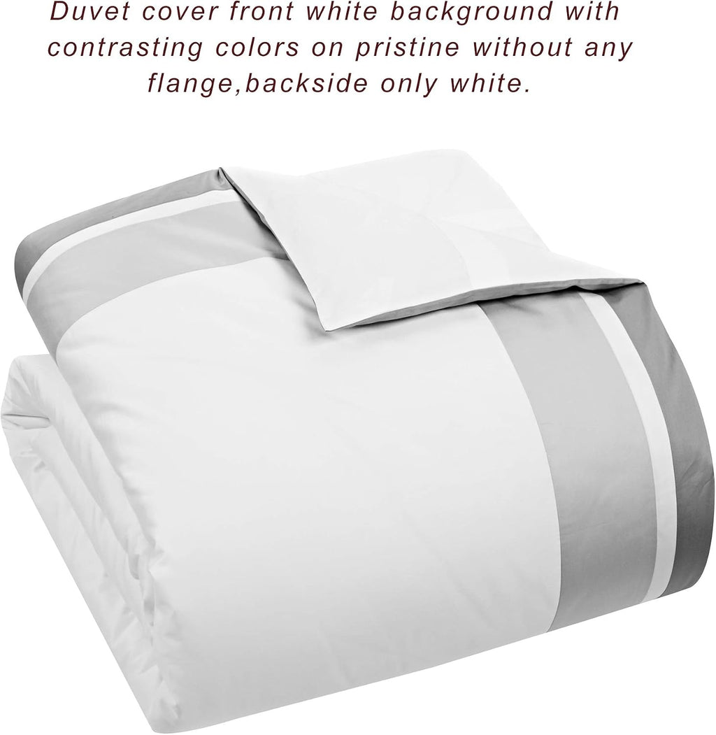 Casabolaj Shading 3 Pieces Do Not Include Filling Duvet Cover Set 100% Egyptian Cotton Sateen Luxury 400 TC Frame Patchwork Button Closure and Corner Ties-White/Taupe/Grey (Full)