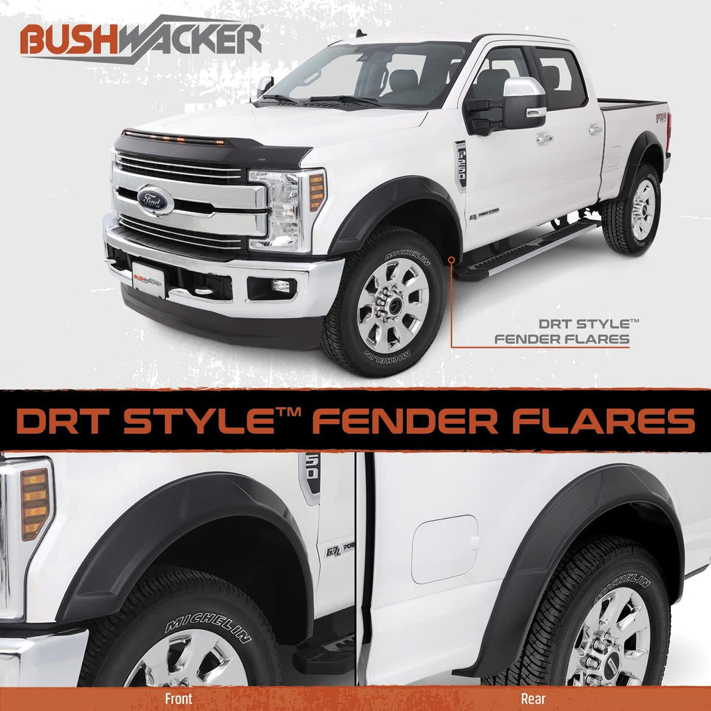 Bushwacker DRT Extended Front & Rear Fender Flares | 4-Piece Set, Black, Smooth Finish | 20951-02 | Fits 2017-2022 Ford F-250 w/ 6.8' or 8.2' Bed, F-350 Super Duty w/ 8.2' Bed