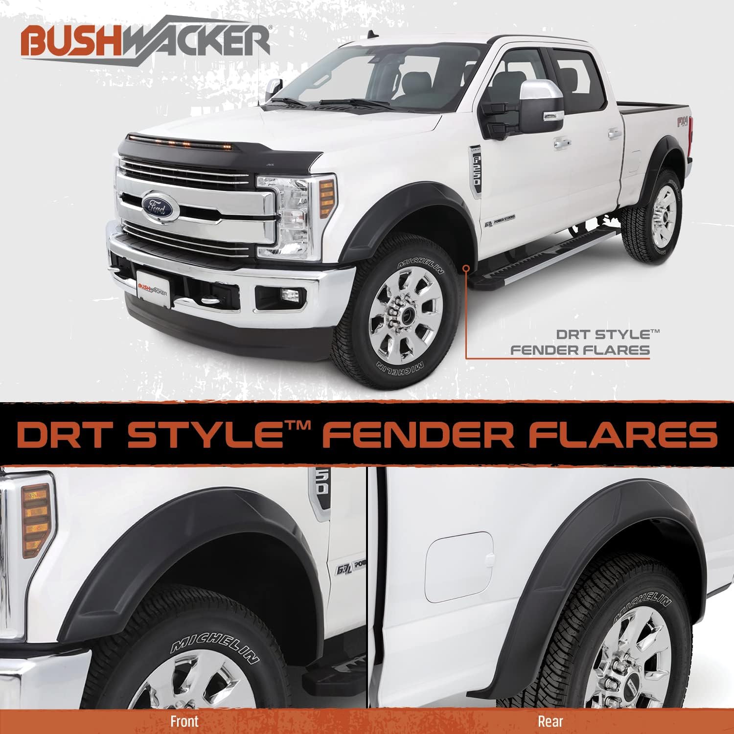 Bushwacker DRT Extended Front & Rear Fender Flares | 4-Piece Set, Black, Smooth Finish | 20951-02 | Fits 2017-2022 Ford F-250 w/ 6.8' or 8.2' Bed, F-350 Super Duty w/ 8.2' Bed