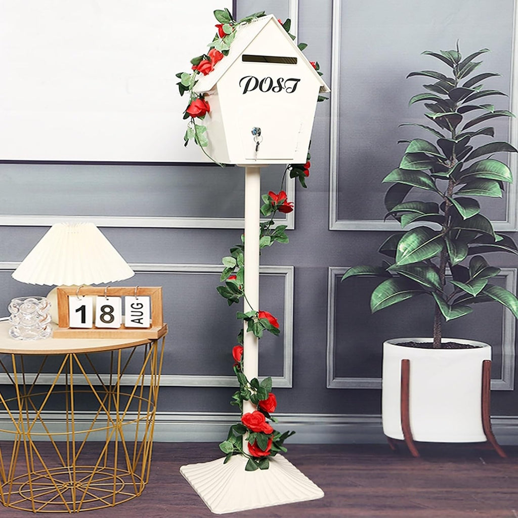Key Drop Box Wall Mount Mailbox Mailboxes for Outside Wall Mount, Metal Mailbox, Complete System with Steel Mailbox and Aluminum Post Included(White)