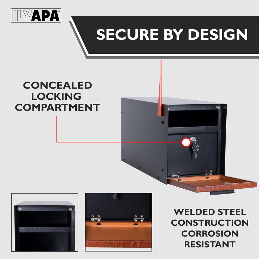 Ilyapa Locking Mailbox with Lock and Key Modern Mailboxes for Outside Post Mount - Black/Wood Powder Coated Steel, All Weather & Corrosion Resistant, Stainless Steel, Angled