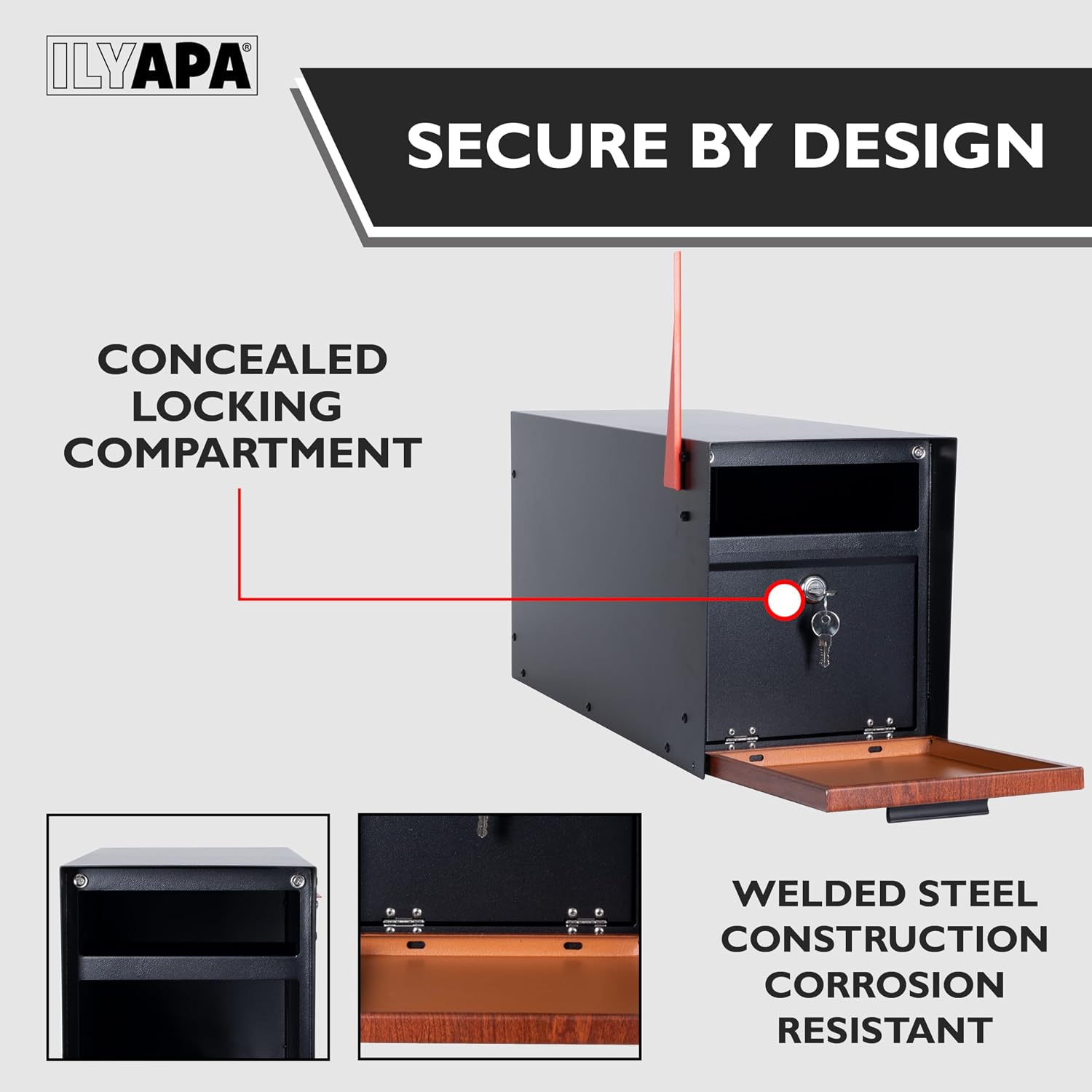 Ilyapa Locking Mailbox with Lock and Key Modern Mailboxes for Outside Post Mount - Black/Wood Powder Coated Steel, All Weather & Corrosion Resistant, Stainless Steel, Angled
