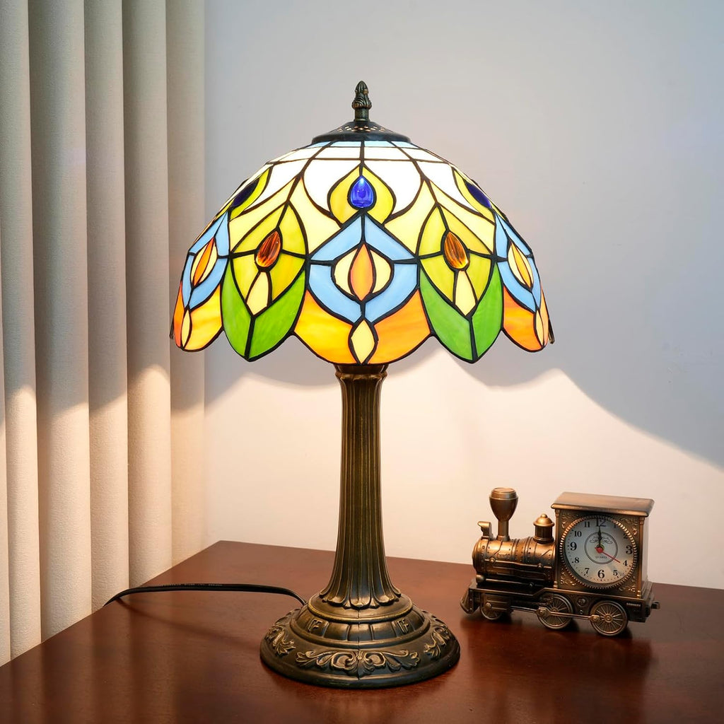 Tiffany Style Table Lamp With Retro Peacock Stained Glass Lamp 12 Inch Bronze Base Bedside Lamp Bedroom Living Rooms, Offices, Hotel Classics Luxury Style Decorative Ambient Light Bedside Lamp