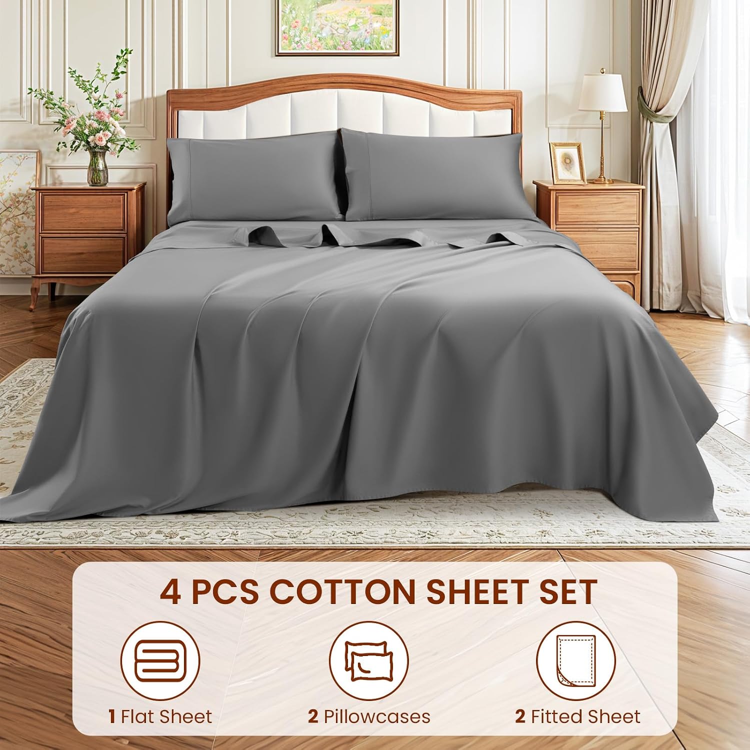 LBRO2M 1500 Thread Count Sheets 100% Egyptian Cotton Sheets Set Queen Size Sheets 16 Inches Deep Pocket Bedding 4 Piece Sets (Queen, Gray)