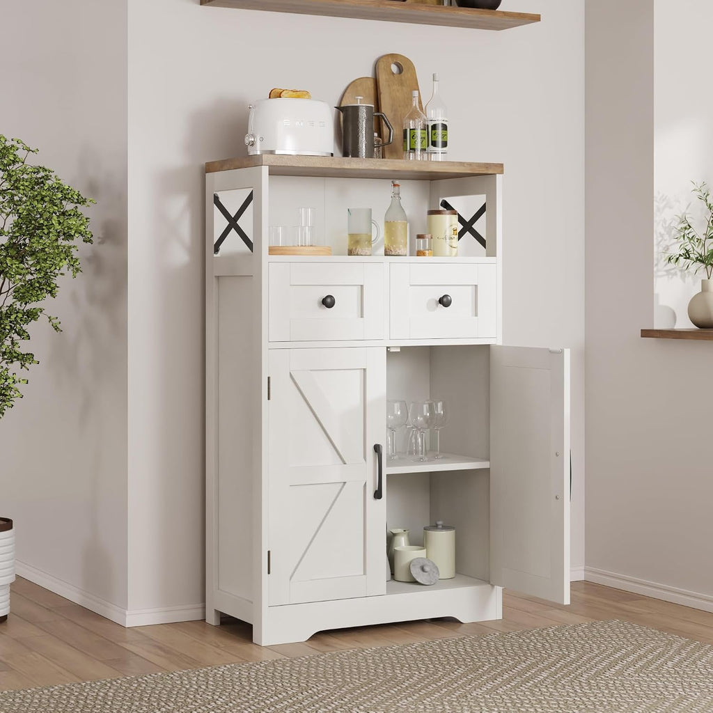 Befrases Set of 2 Farmhouse Storage Cabinet with Barn Doors and Drawers, Freestanding Kitchen Pantry, Floor Storage Cabinet Hutch Cupboard for Kitchen, Laundry, Living Room, White