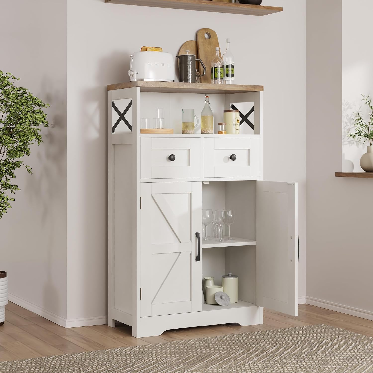 Befrases Set of 2 Farmhouse Storage Cabinet with Barn Doors and Drawers, Freestanding Kitchen Pantry, Floor Storage Cabinet Hutch Cupboard for Kitchen, Laundry, Living Room, White