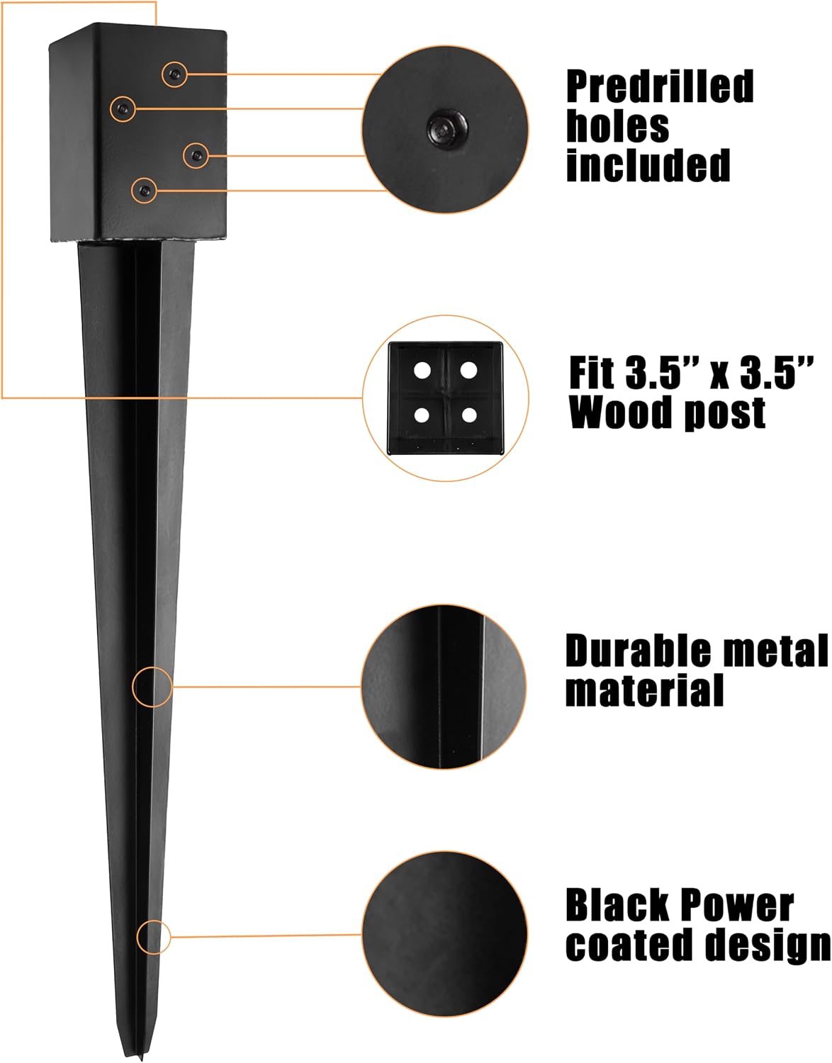 LADECH 4x4 Fence Post Anchor Ground Spike 36' Length Metal Black Powder Coated – Mailbox Post Anchors – Fit 3.5x3.5 Lumber (8, Black)