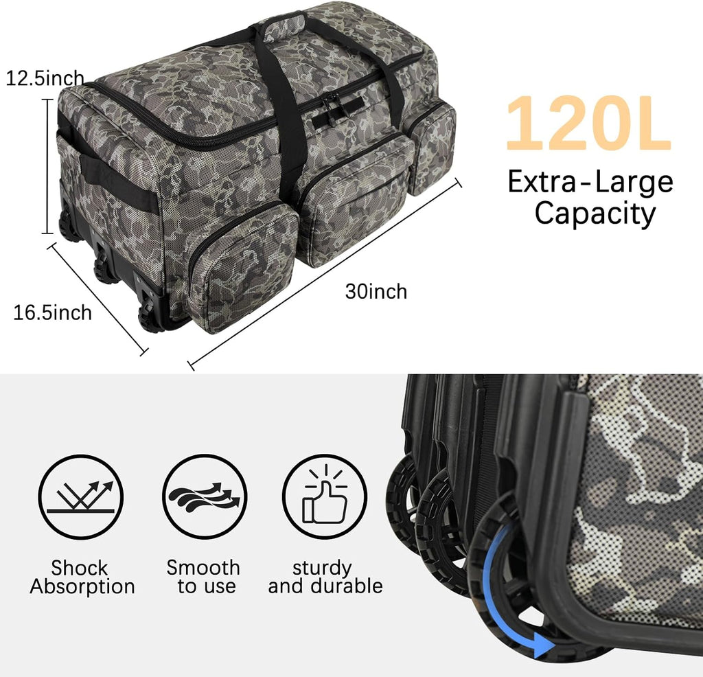 120L 3 Wheel Tactical Rolling Duffle Bag, Heavy Duty Military Deployment Luggage, 900D Waterproof Duffel for Camping Travel Outdoor Sports