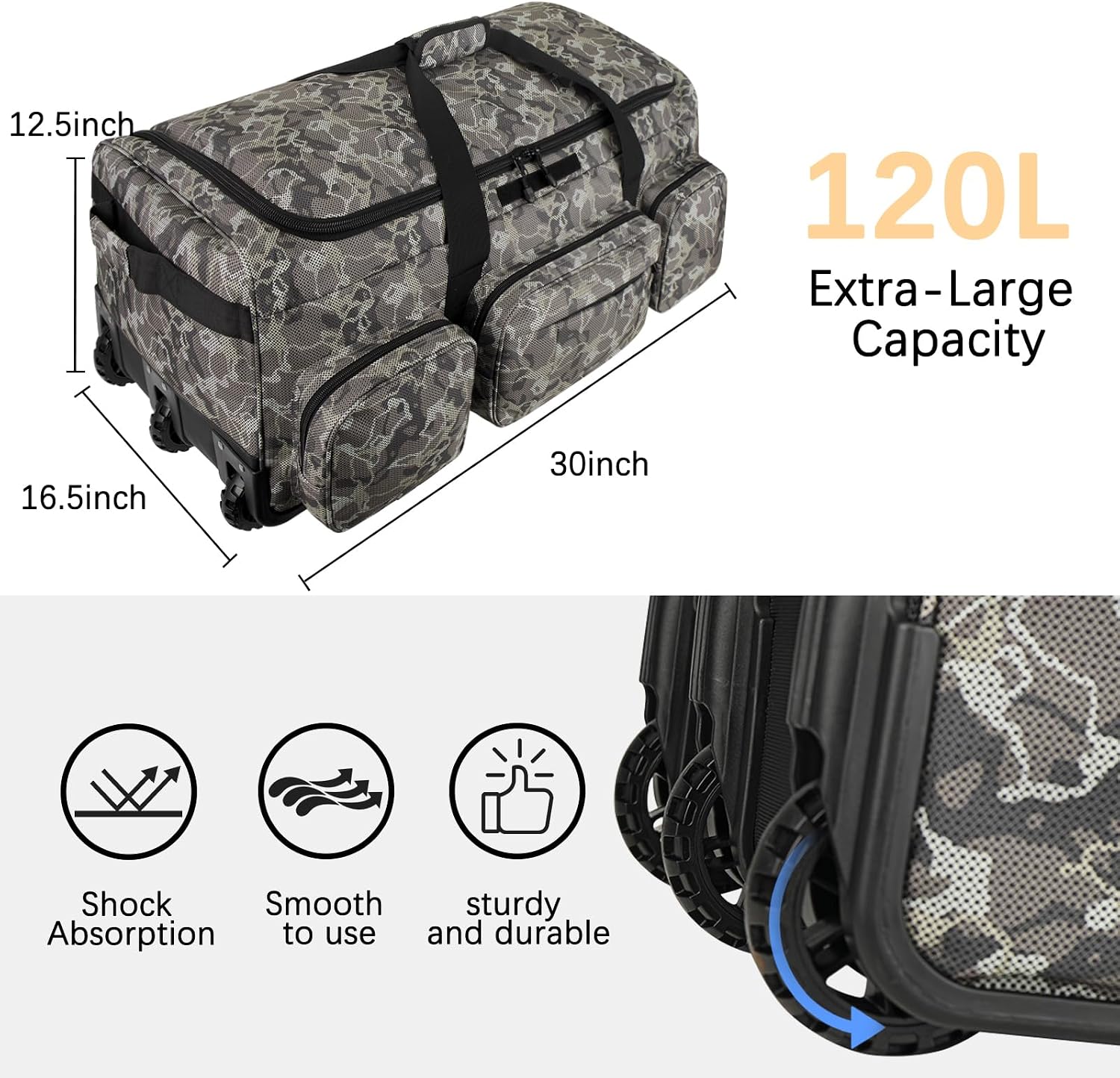 120L 3 Wheel Tactical Rolling Duffle Bag, Heavy Duty Military Deployment Luggage, 900D Waterproof Duffel for Camping Travel Outdoor Sports
